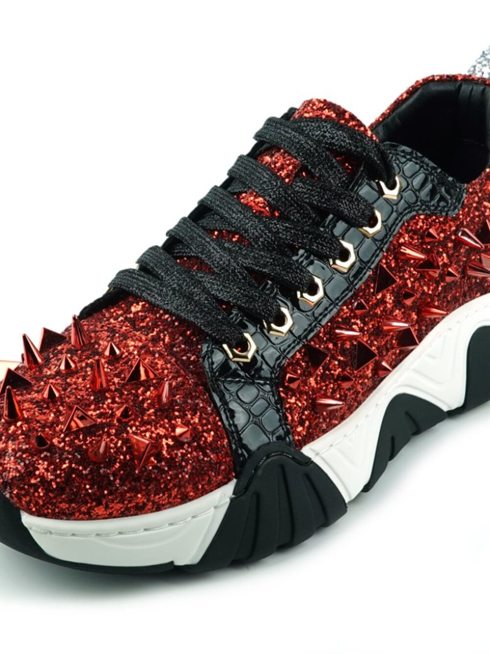 FI-2406 Red Black Glitter Red Spikes Lace up Sneaker Encore by Fiesso